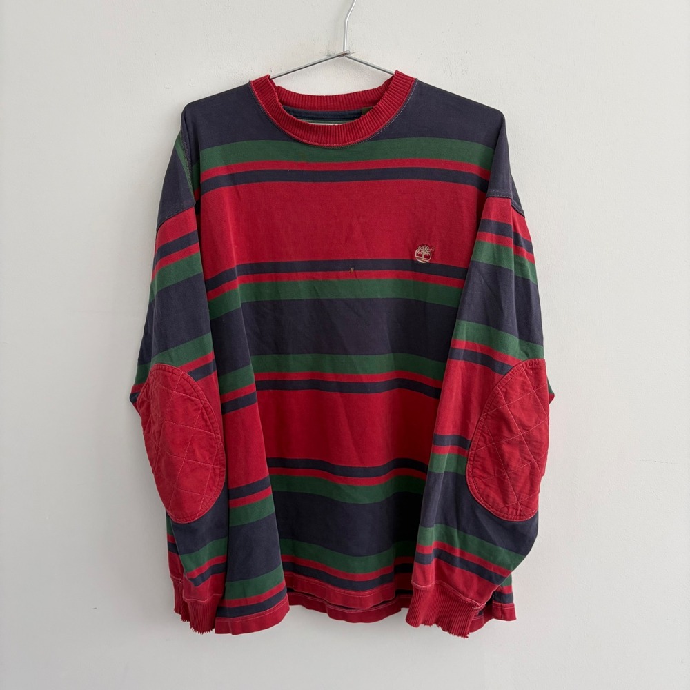 Timberland Weathergear Mens Large Striped Long Sleeve Elbow Patch Shirt